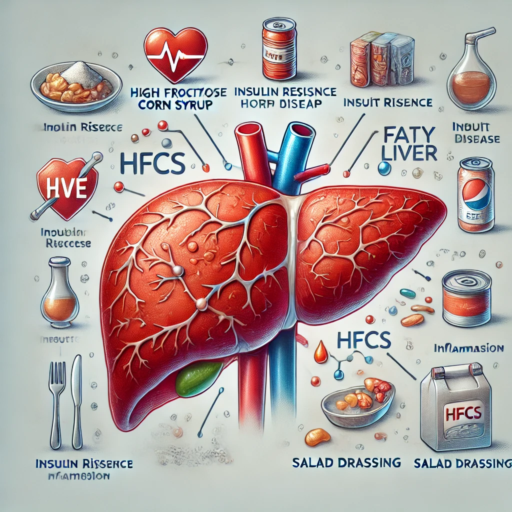 DALL·E 2024-10-29 10.54.35 – A detailed, educational illustration for a blog post on high fructose corn syrup (HFCS) and its effects on fatty liver disease. The image should featu
